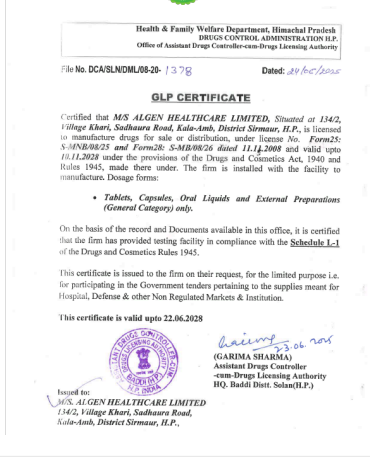 GLP Certificate for Algen Healthcare Pvt. Ltd.