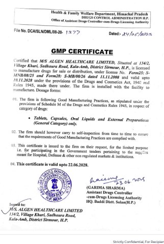 GMP Certificate for Algen Healthcare Pvt. Ltd.