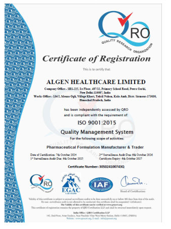 ISO 9001:2015 Certificate for Algen Healthcare Pvt. Ltd.