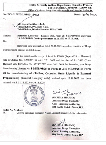 Manufacturing Licence Retention Letter for Algen Healthcare Pvt. Ltd.